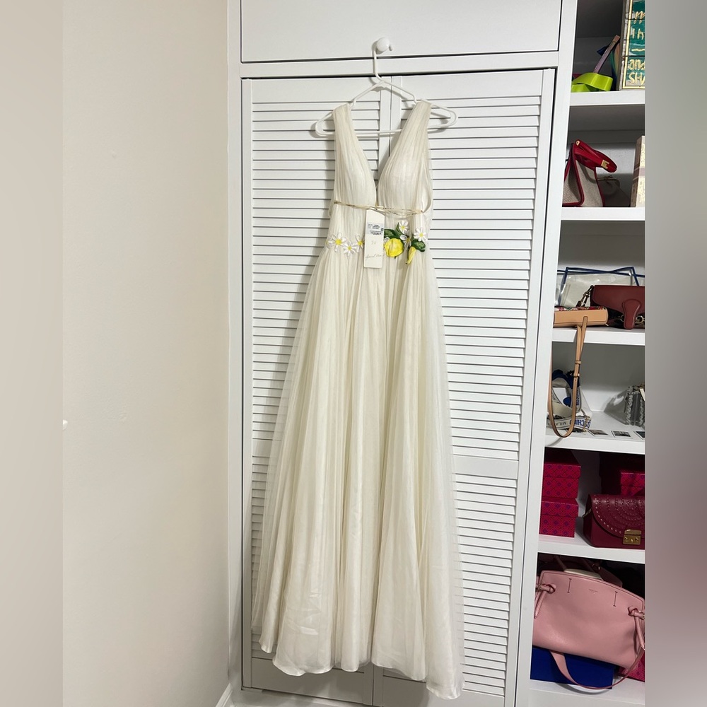 Tarik Ediz White Dress with Lemon and Floral Embroidery